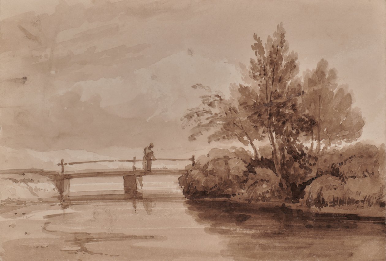 Rivierscène met houten brug en figuur door Edward Pretty