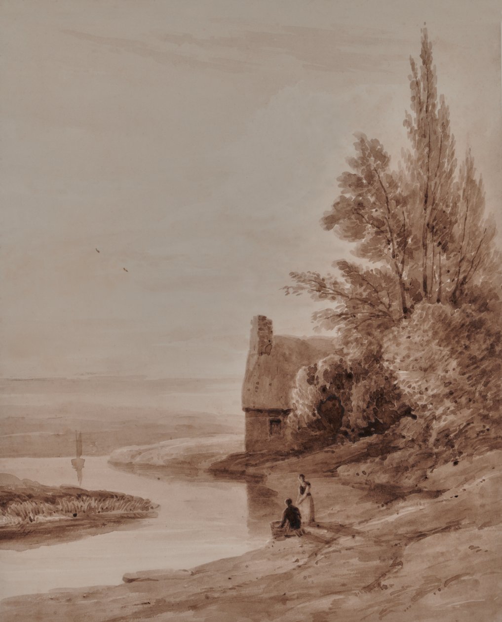 Waterschapslandschap met figuren en een kleine boot door Edward Pretty
