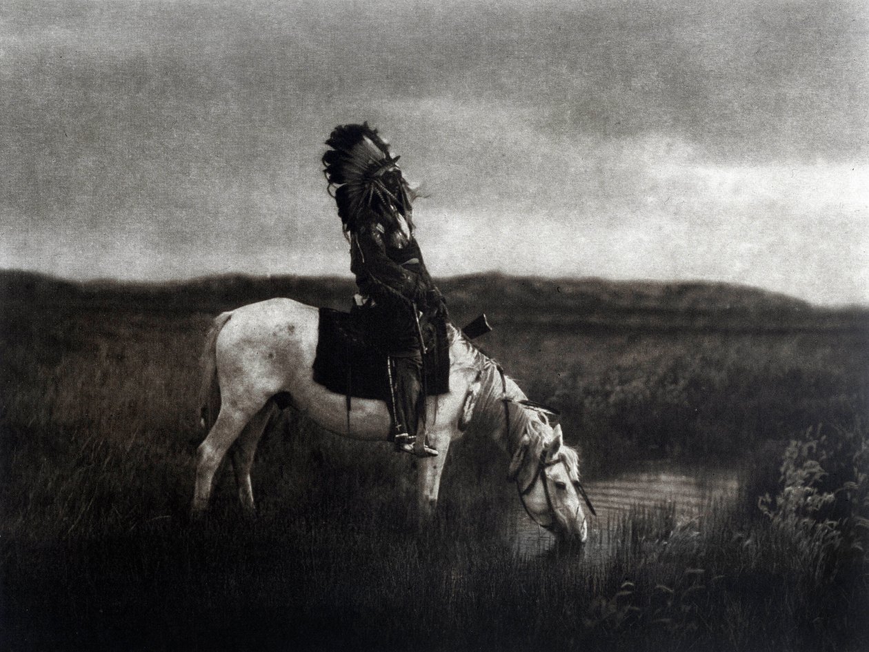 Indiaanse krijger rijdend in de vlakte door Edward Sheriff Curtis