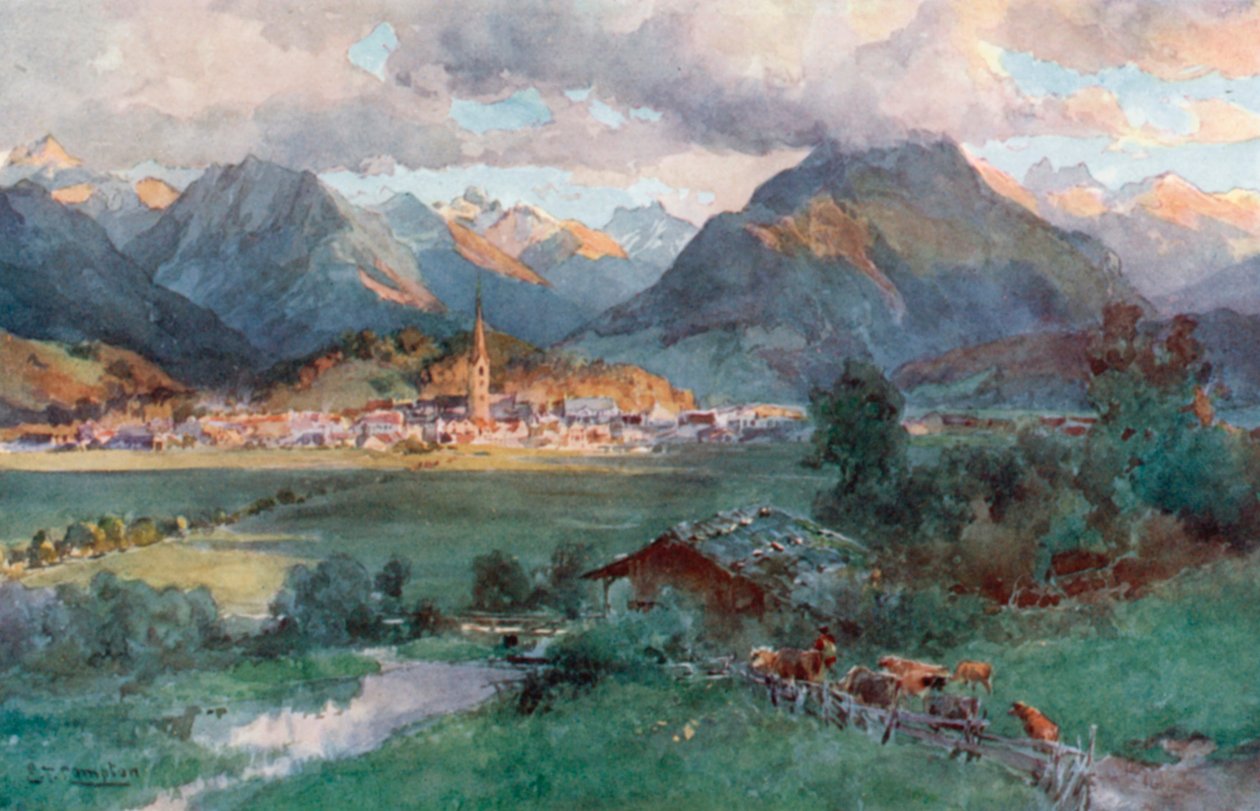 Oberstdorf (kleurenlitho) door Edward Theodore Compton