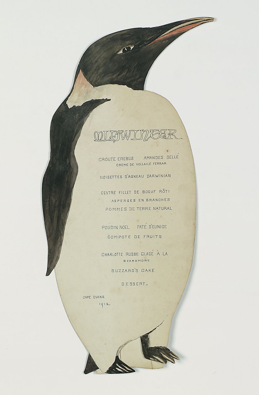 Menu in de vorm van een keizerspinguïn, voor het Midwinter