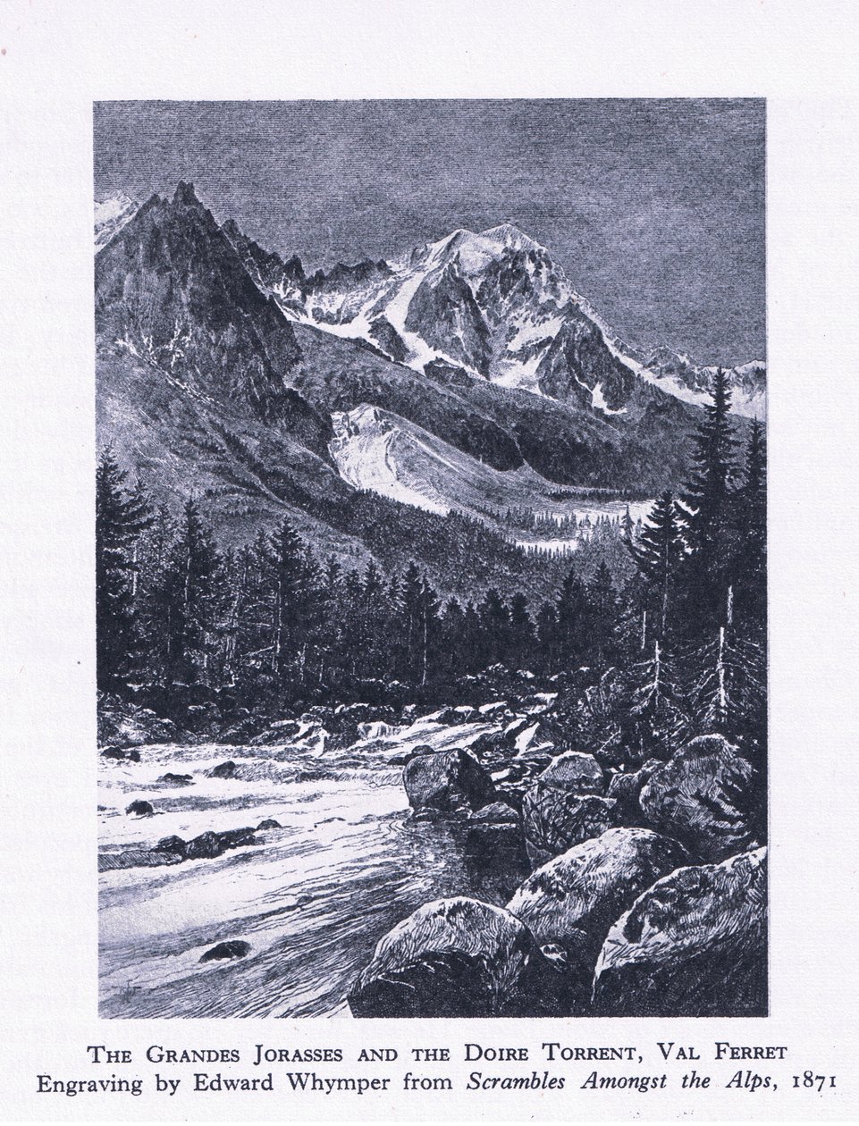 De Grand Jorasses en de Doire Torrent, Val Ferrett, uit British Adventure gepubliceerd door Collins, 1947 door Edward Whymper