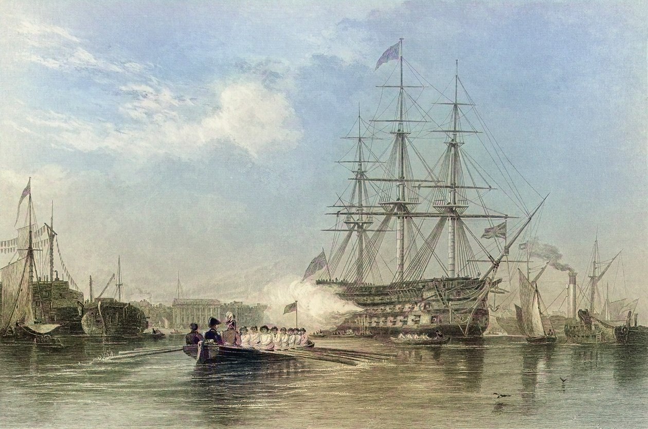Vlaggenschip van de Britse marine groet in de haven van Gosford, Engeland. 19e eeuw (gravure) door Edward William (after) Cooke