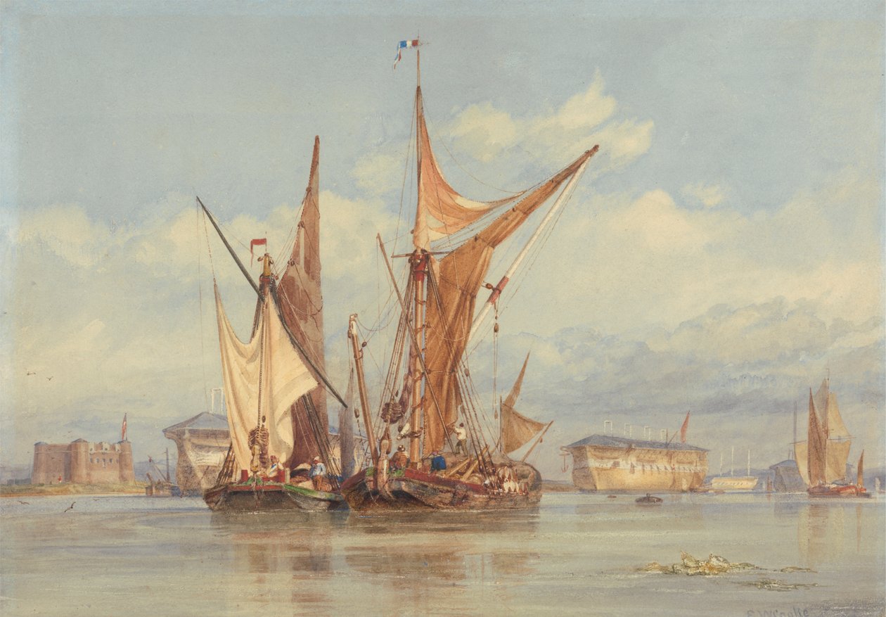 Bomvrije batterij bij Gillingham, aan de Medway door Edward William Cooke