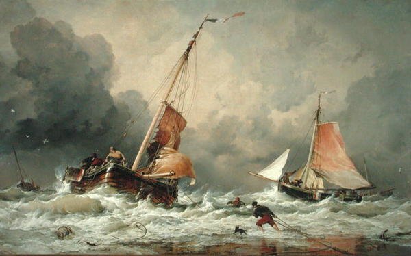 Nederlandse pincken arriveren en maken zich klaar om uit te varen bij terugkeer van het tij door Edward William Cooke