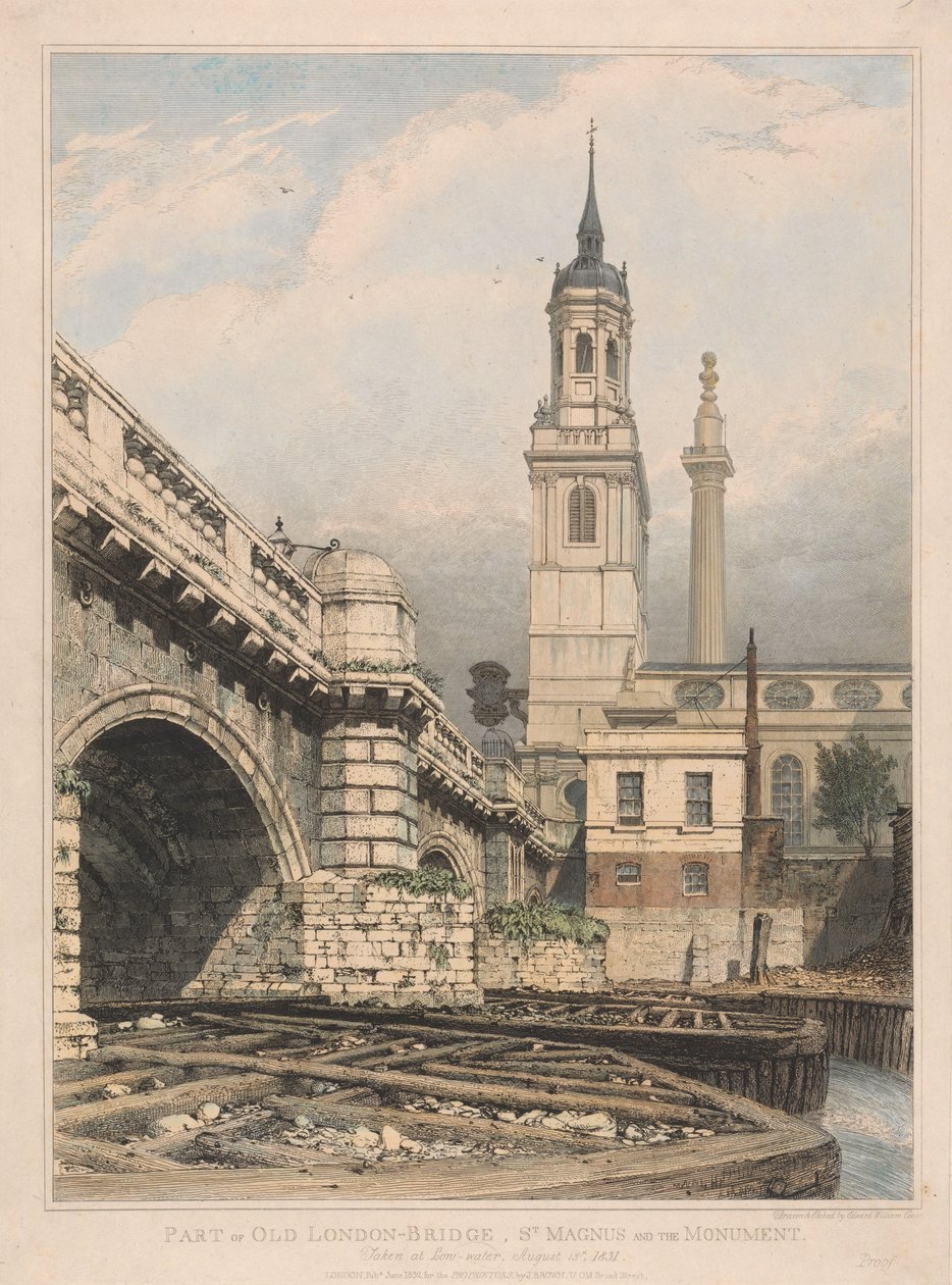 Een deel van de Oude Londense Brug, St. Magnus en het Monument door Edward William Cooke