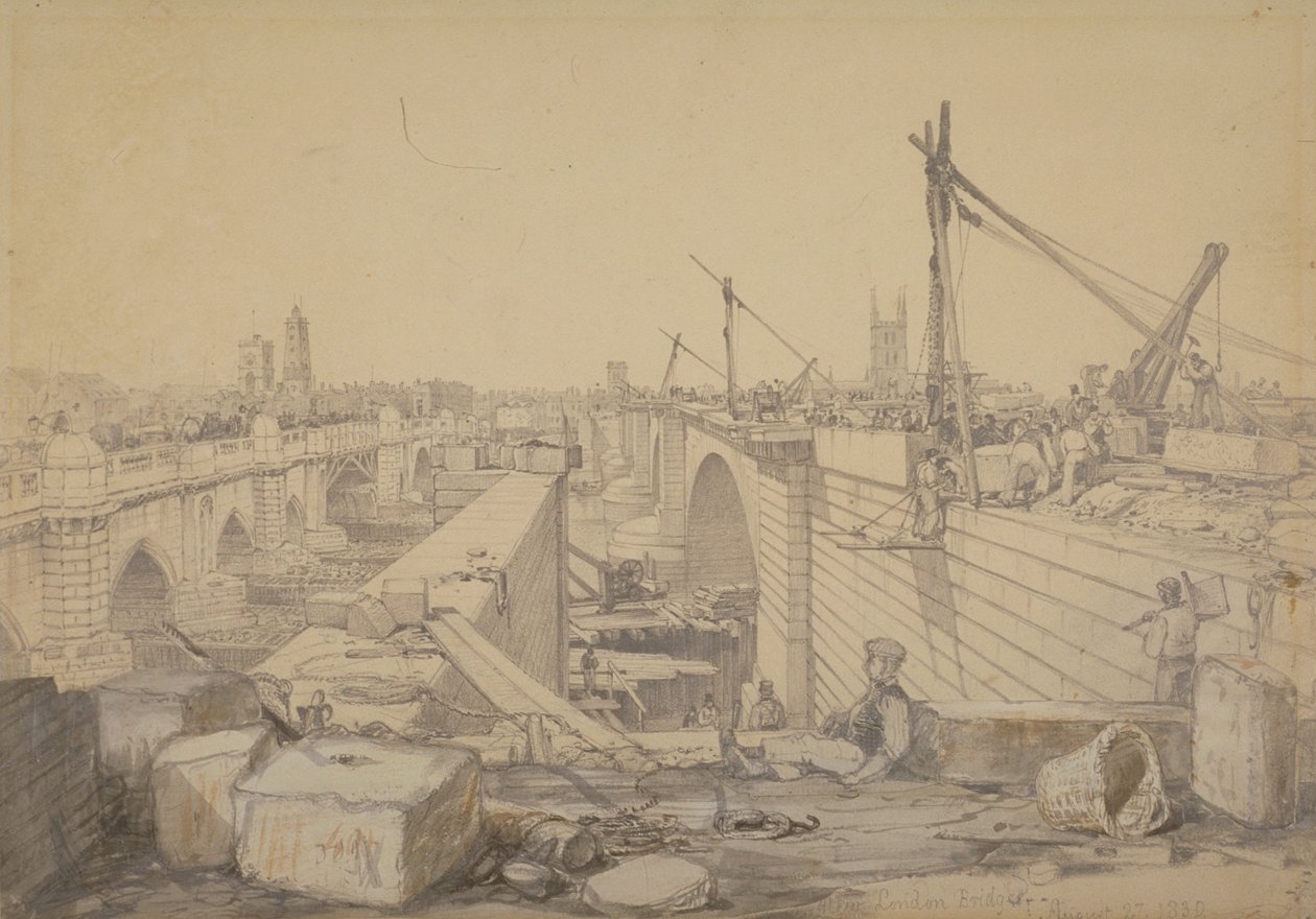 De Bouw van de London Bridge, 1830 door Edward William Cooke
