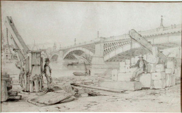 Uitzicht op Southwark Bridge en de rivier de Theems vanaf Bankside, met twee derricks op de voorgrond door Edward William Cooke