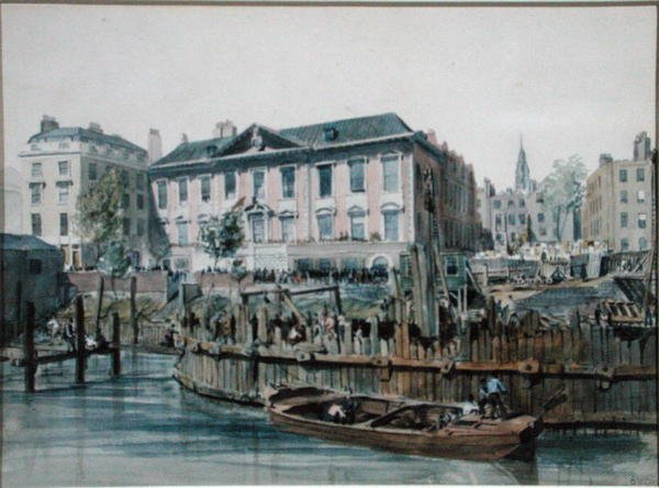 Uitzicht op een Houten Kofferdam die Heipalen en Hefwerktuigen voor London Bridge Omvat door Edward William Cooke