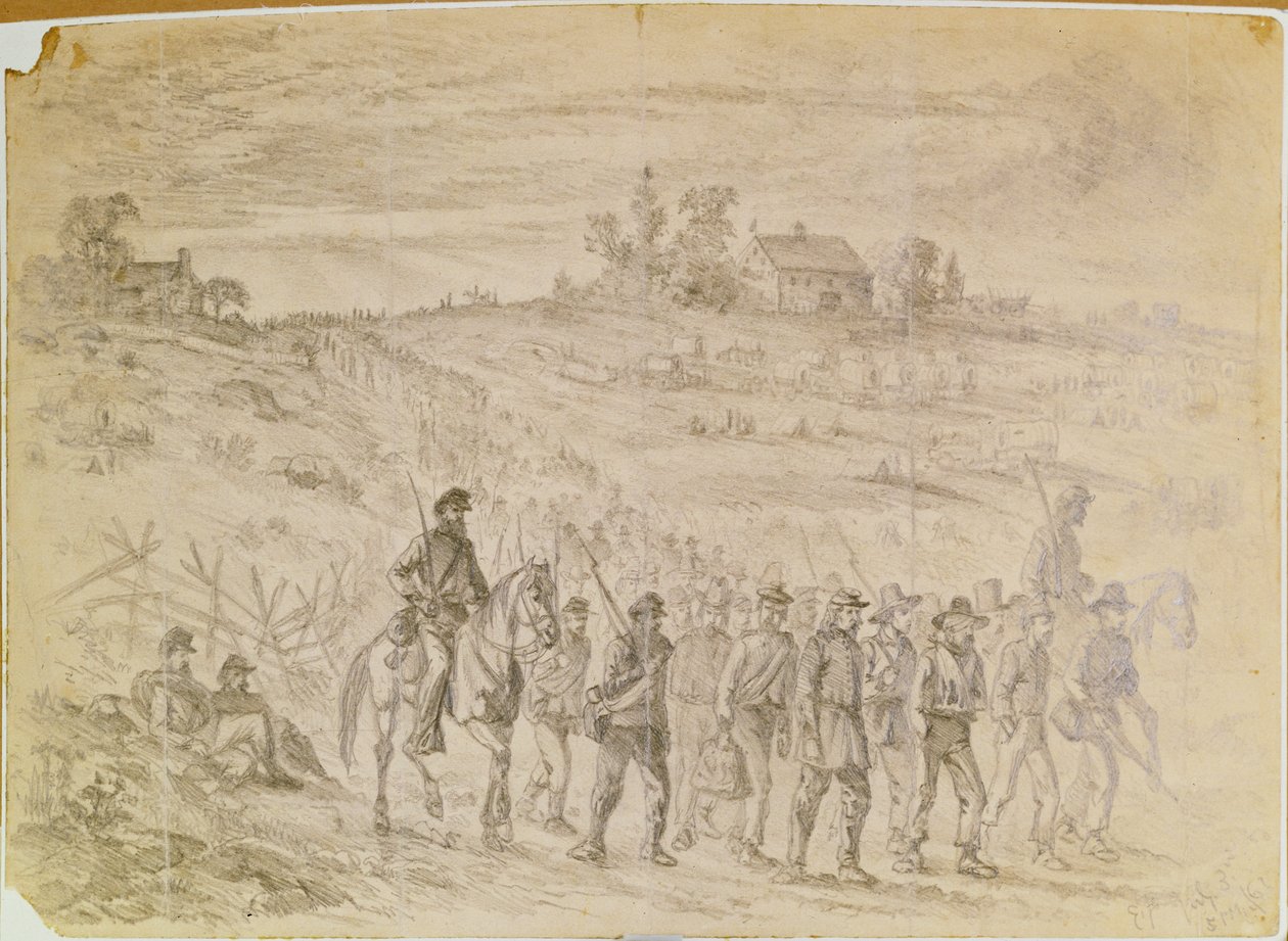 De Slag bij Gettysburg: Gevangenen behorend tot het korps van generaal Langstreet gevangen genomen door Union-troepen marcheren naar de achterhoede onder bewaking door Edwin Austin Forbes