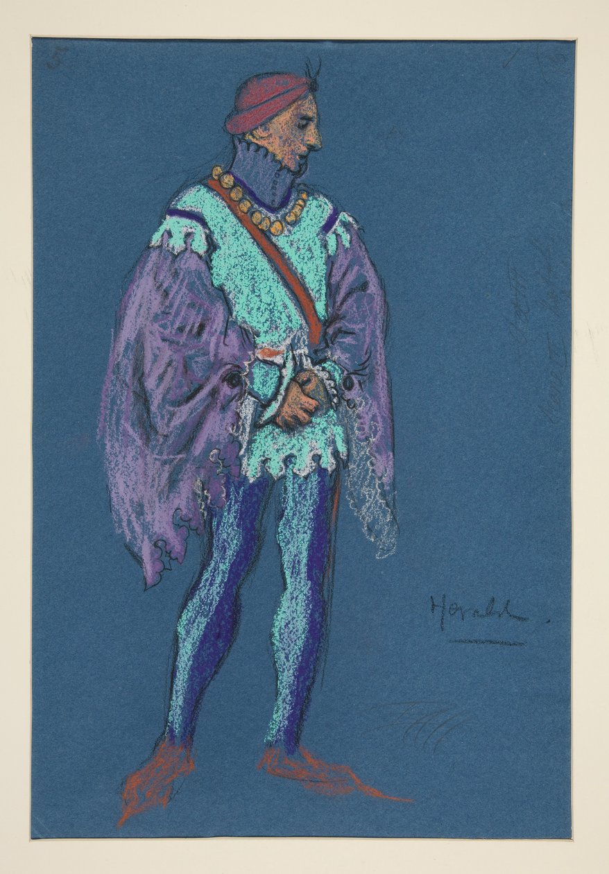 Een Heraut, kostuumschets voor Henry Irving door Edwin Austin Abbey