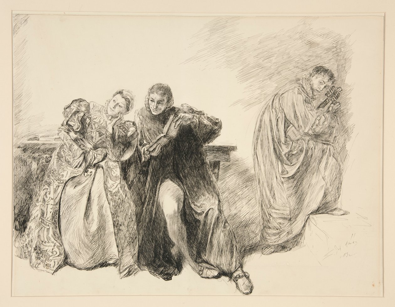 Bianca en Lucentio, uit Act III, Scene i, Het temmen van de feeks door Edwin Austin Abbey
