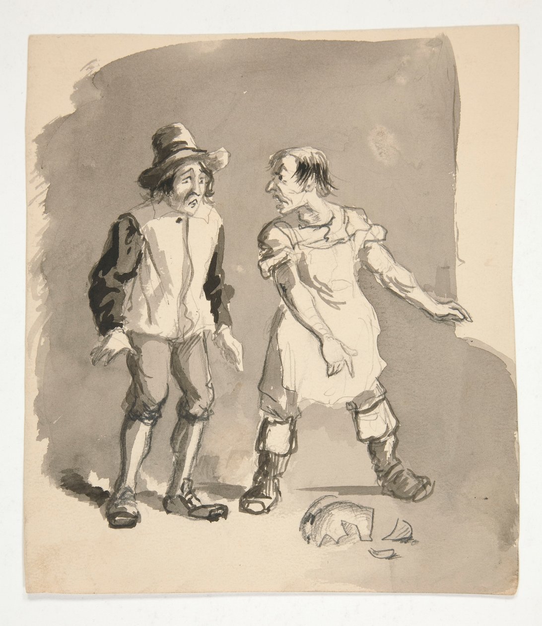Cartoon van twee mannen en een gebroken pot door Edwin Austin Abbey