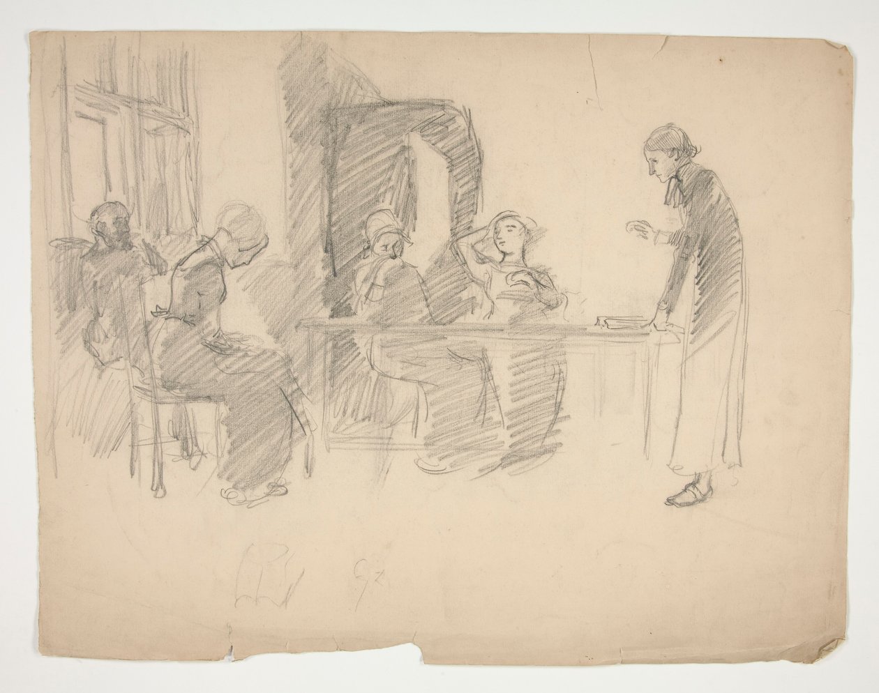 Vroege studie voor Stony Ground 1884, interieur met figuren door Edwin Austin Abbey