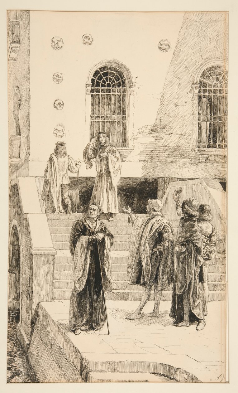 Exuent Salarino en Salanio, uit Act I, Scene i, Koopman van Venetië door Edwin Austin Abbey