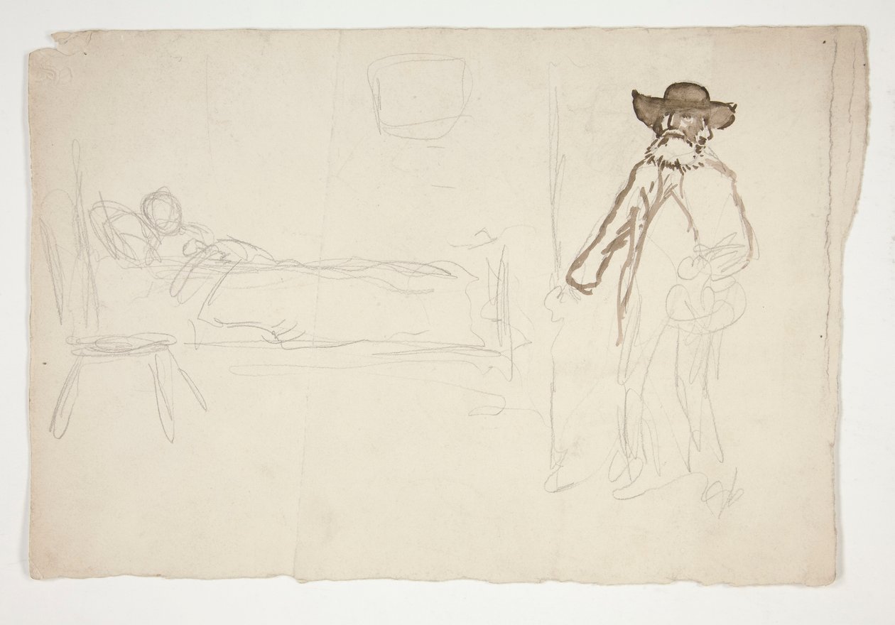 Figuur in bed, man die kamer binnenkomt - niet-geïdentificeerde illustratie door Edwin Austin Abbey