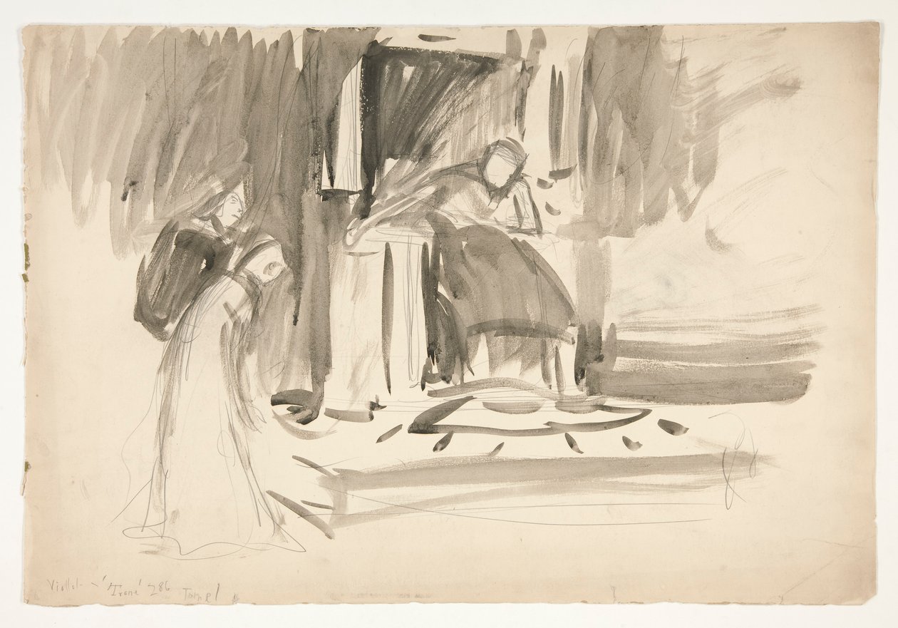 Figuur op troon, geflankeerd door twee figuren, schets voor een niet-geïdentificeerd Shakespeare-stuk door Edwin Austin Abbey