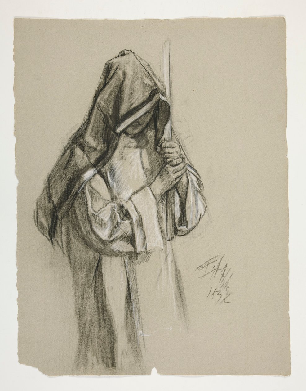 Figurenstudie voor Sir Lancelot en Sir Bors die Galahad uitrusten met zijn sporen, uit De Zoektocht naar de Heilige Graal (tweede van een serie van vijftien schilderijen voor de Boston Public Library, voltooid in 1901) door Edwin Austin Abbey