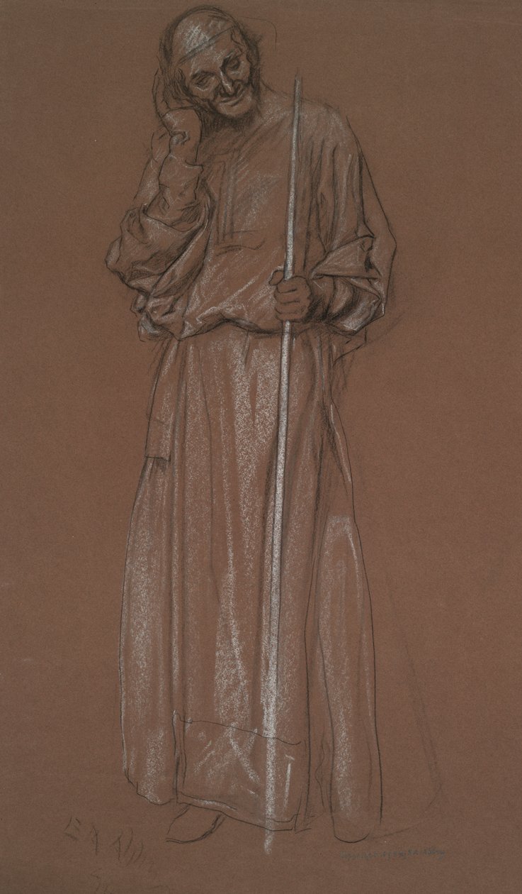 Figuurstudie, oude man met staf, mogelijk Polonius door Edwin Austin Abbey
