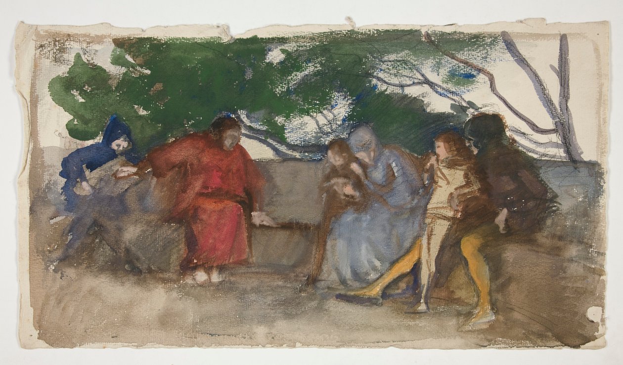 Figuren zittend langs een buitenbank door Edwin Austin Abbey