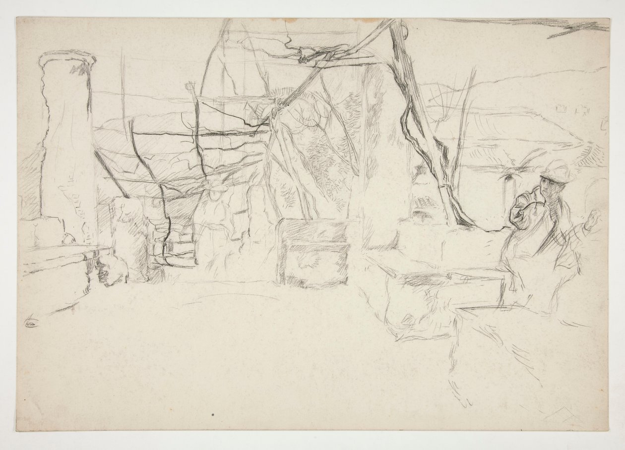 Figuren die tussen oude ruïnes lopen(?) - (niet-geïdentificeerde illustratie) door Edwin Austin Abbey