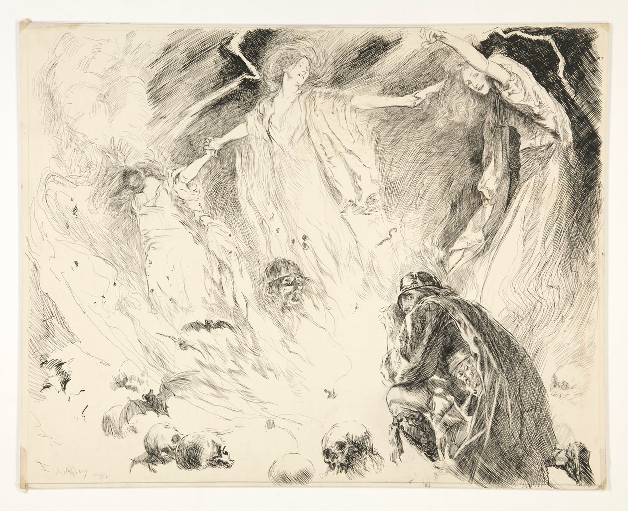 Eerste verschijning: Macbeth! Macbeth! Macbeth! pas op voor Macduff., Act IV, Scene 1, Macbeth door Edwin Austin Abbey