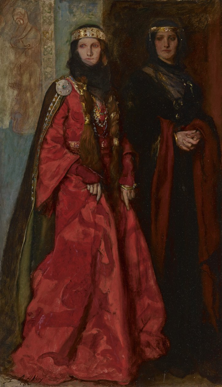 Goneril en Regan in King Lear Act I Scene I door Edwin Austin Abbey