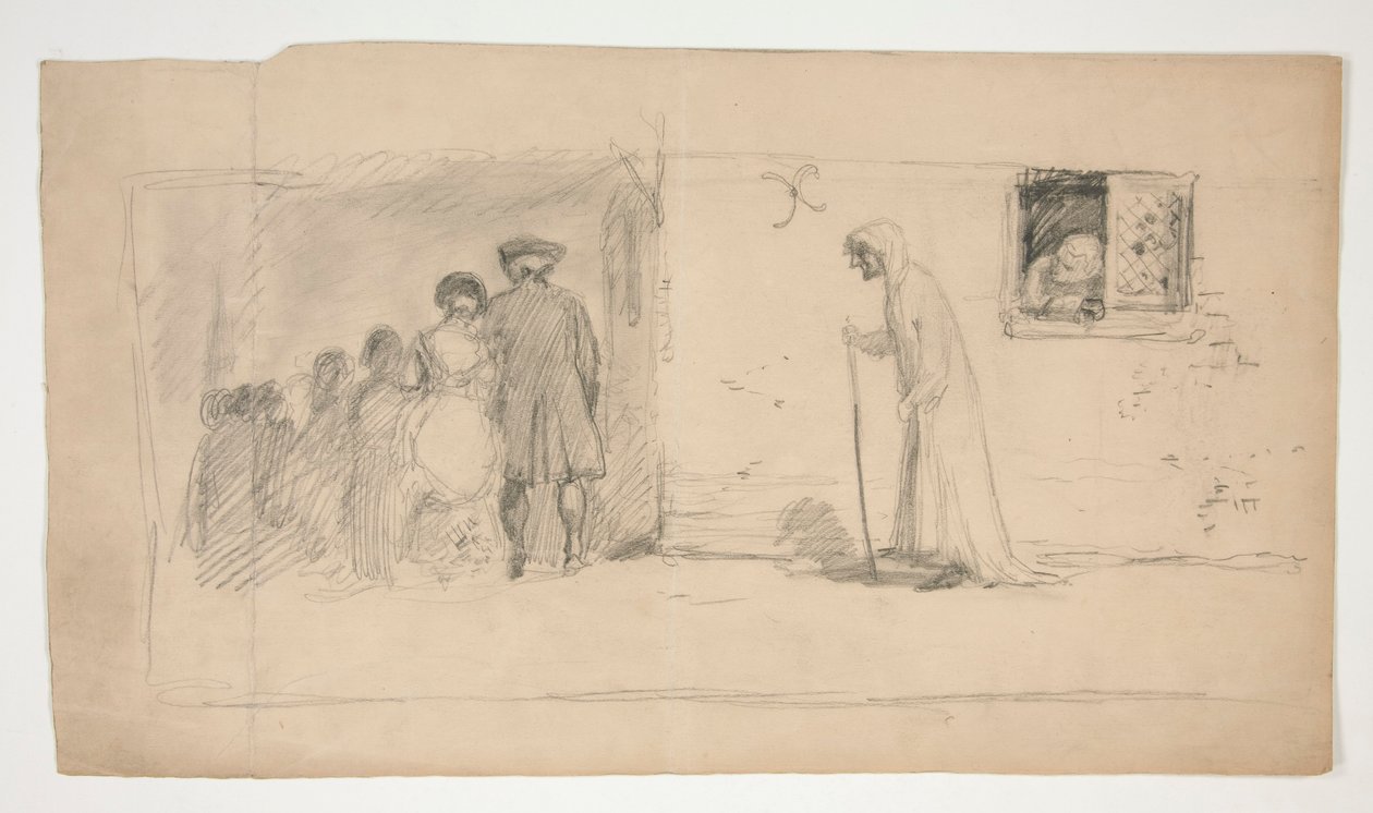 Groep figuren buiten stenen huis - ongeïdentificeerde illustratie door Edwin Austin Abbey