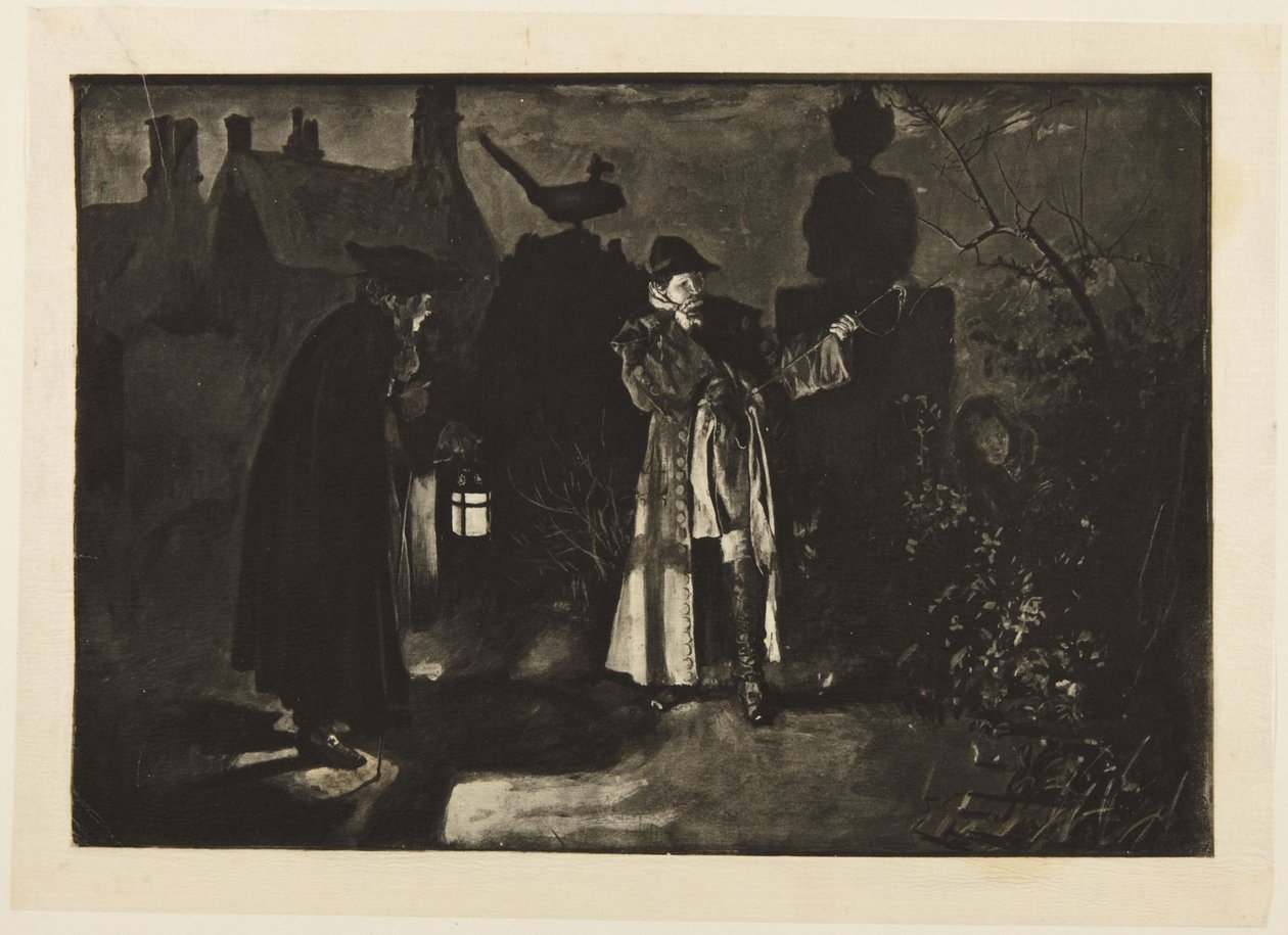 Illustratie voor Goldsmiths „She Stoops to Conquer“: „Ik vergis me, of ik hoorde stemmen“ door Edwin Austin Abbey