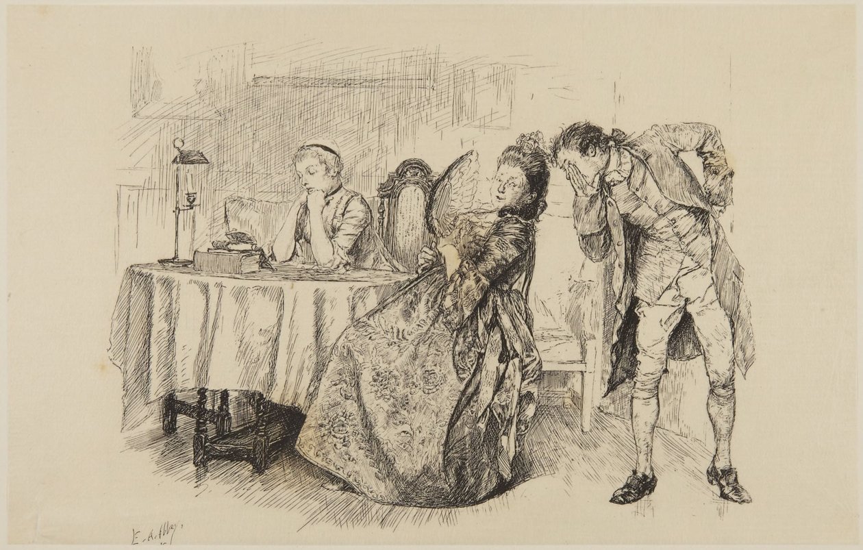 Illustratie voor Goldsmiths She Stoops to Conquer: „Waarom vertel je het haar dan niet meteen?“ door Edwin Austin Abbey