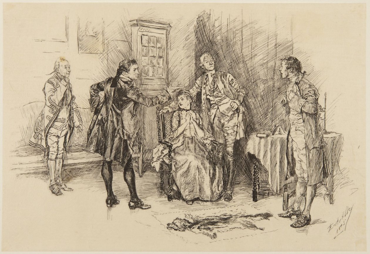 Illustratie bij Goldsmiths *She Stoops to Conquer*: „Was het wel zo gepast, meneer, om ertoe bij te dragen dat ik mezelf belachelijk maakte” door Edwin Austin Abbey