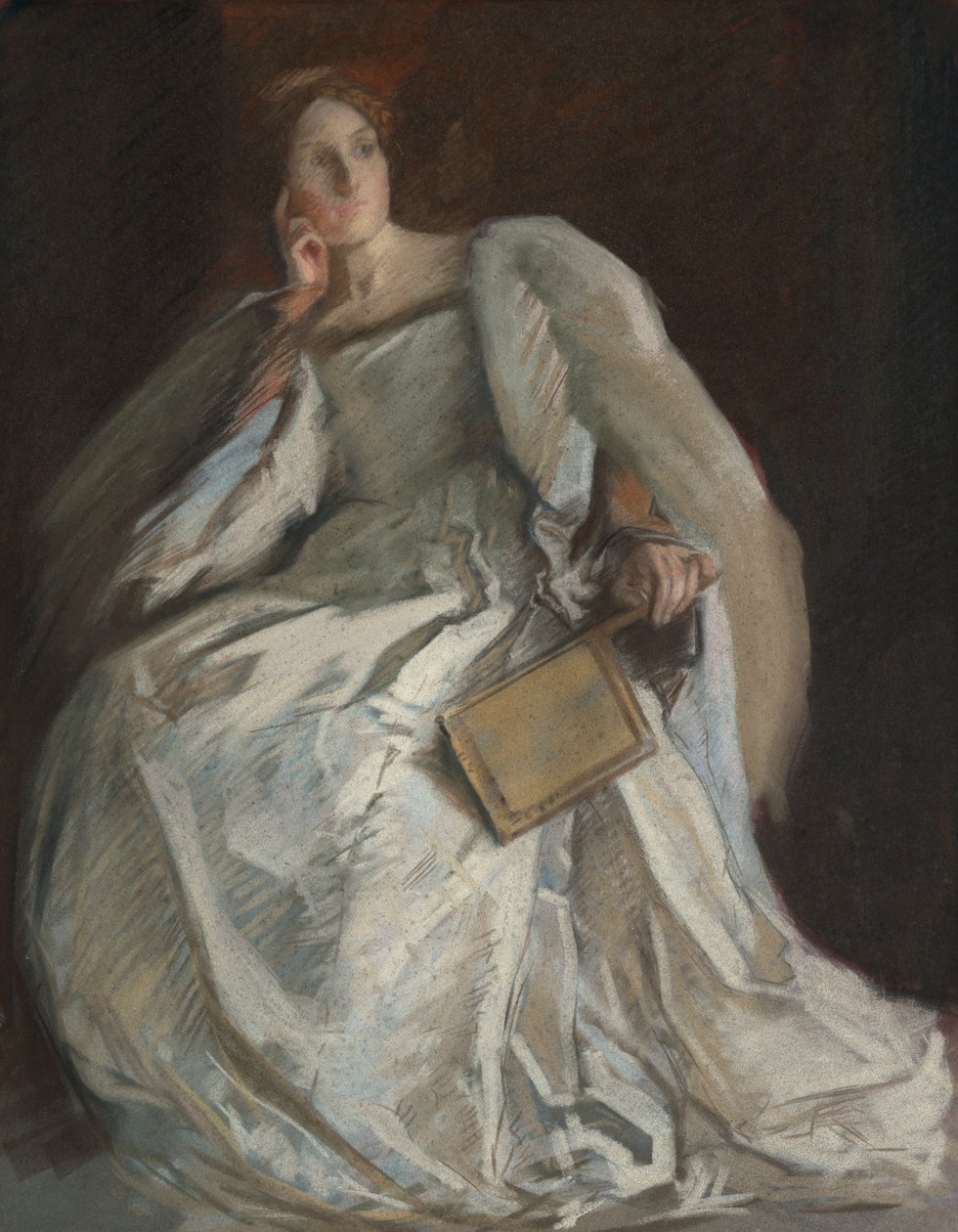 Dame in het wit zittend. Rechterhand aan kin. Waaier vasthoudend. door Edwin Austin Abbey