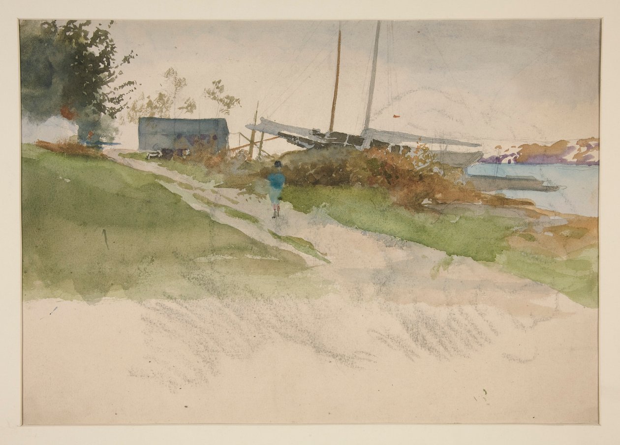 Landschap met figuur die langs een pad loopt, water in de verte door Edwin Austin Abbey