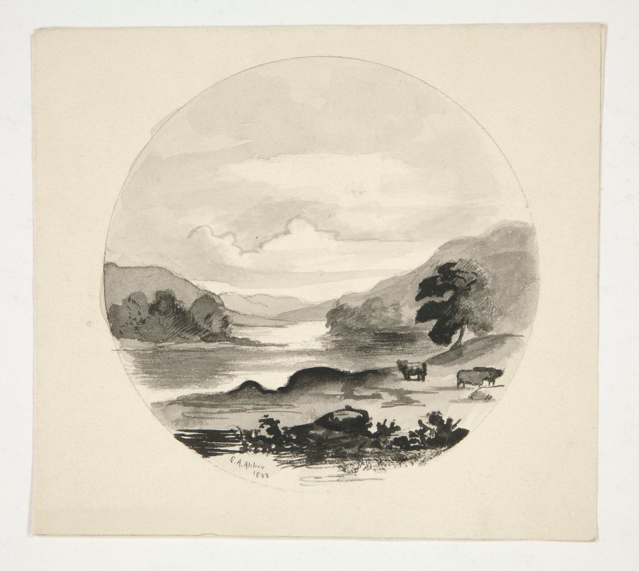 Landschap met rivier - rondelformaat door Edwin Austin Abbey