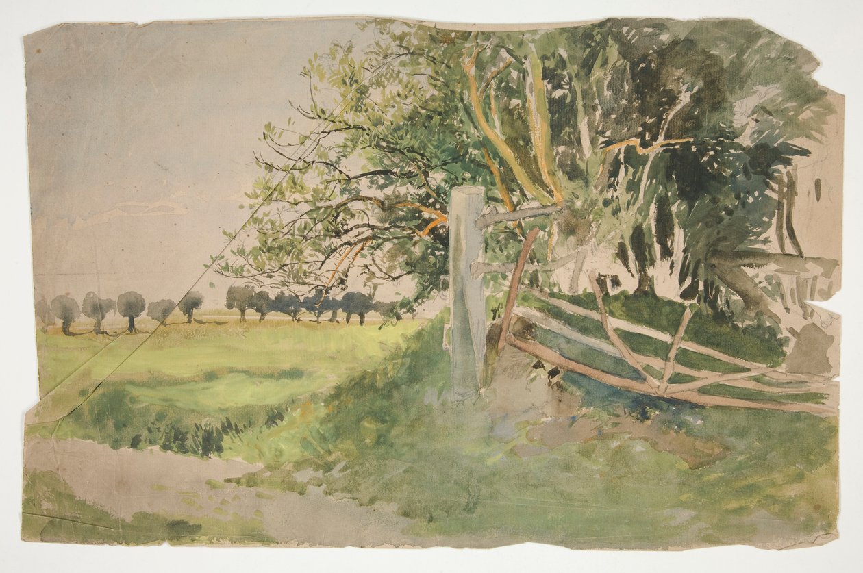 Landschap met bomen en gebroken hek door Edwin Austin Abbey