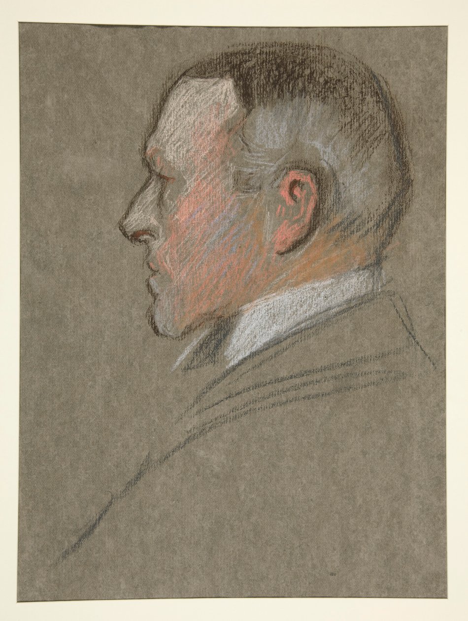 Linker profielhoofd van man, voor Kroning van Edw. VII door Edwin Austin Abbey