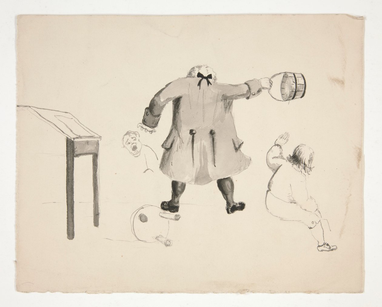 Man die Emmer Zwaait naar Twee Jongens (recto); Twee Mannen Achter een Muur (verso) door Edwin Austin Abbey