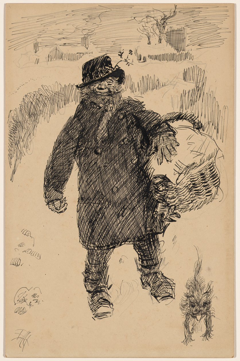 Man die door de sneeuw loopt met een afgedekte mand, vergezeld van een kleine terriër door Edwin Austin Abbey