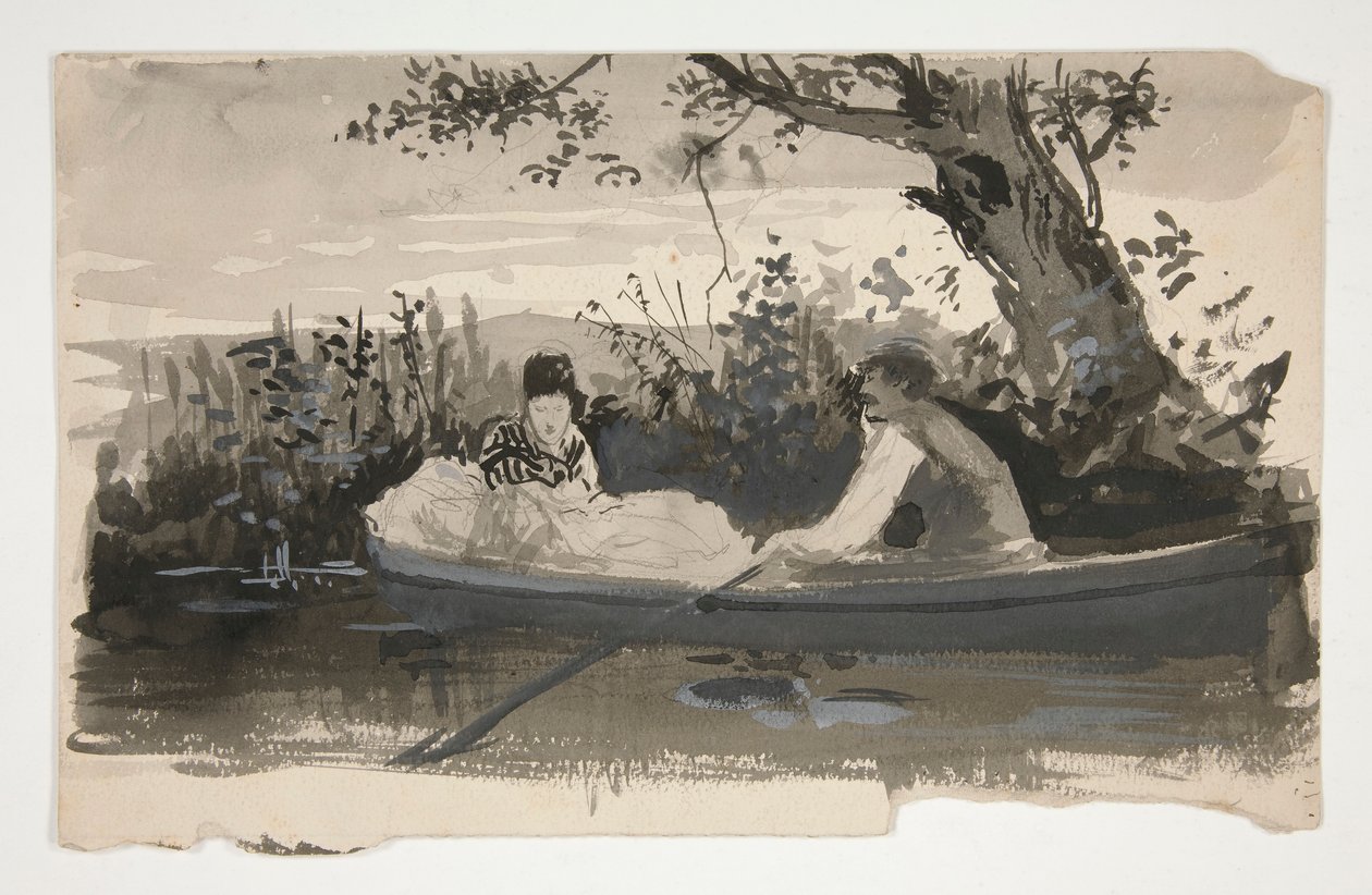 Man en vrouw in roeiboot, nabij rivier - niet-geïdentificeerde illustratie door Edwin Austin Abbey