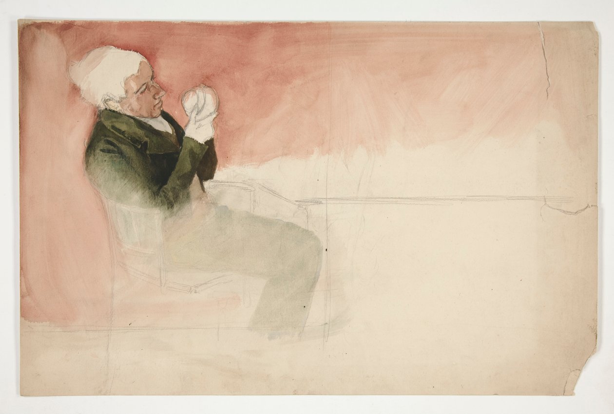 Man zittend, onderzoekt de binnenkant van een kom - (onbekende illustratie) door Edwin Austin Abbey