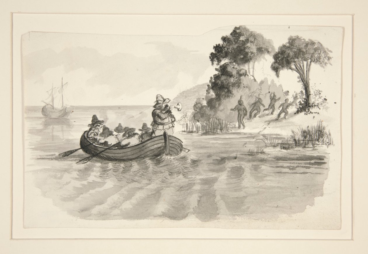 Mannen in roeiboot vluchten voor indianen aan de kust - niet-geïdentificeerde illustratie (Columbus ontdekt de Nieuwe Wereld?) - ontdekkingsreizigers landen in de Nieuwe Wereld door Edwin Austin Abbey