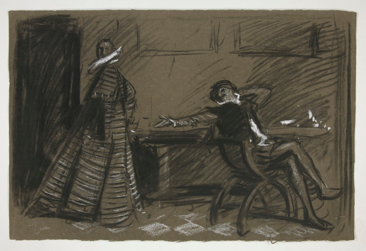Petruchio plaagt Katharina (studie voor .1058) - Act II, Scene I, Taming of the Shrew door Edwin Austin Abbey