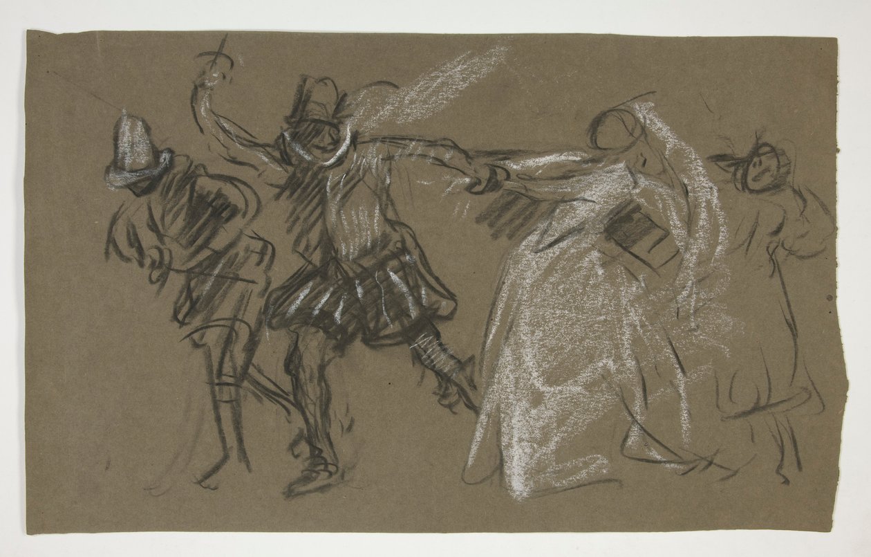 Petruchio trekt Katharina, uit Taming of the Shrew (recto); Schets van zittende figuur (verso) door Edwin Austin Abbey