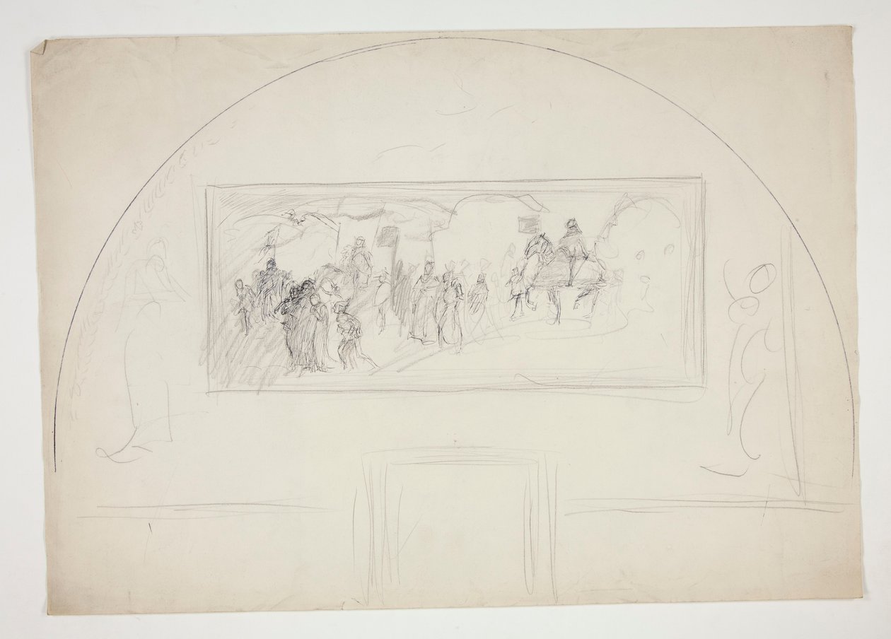 Plan voor de installatie van een van de muurschilderingen van De zoektocht naar de Heilige Graal in de Boston Public Library door Edwin Austin Abbey