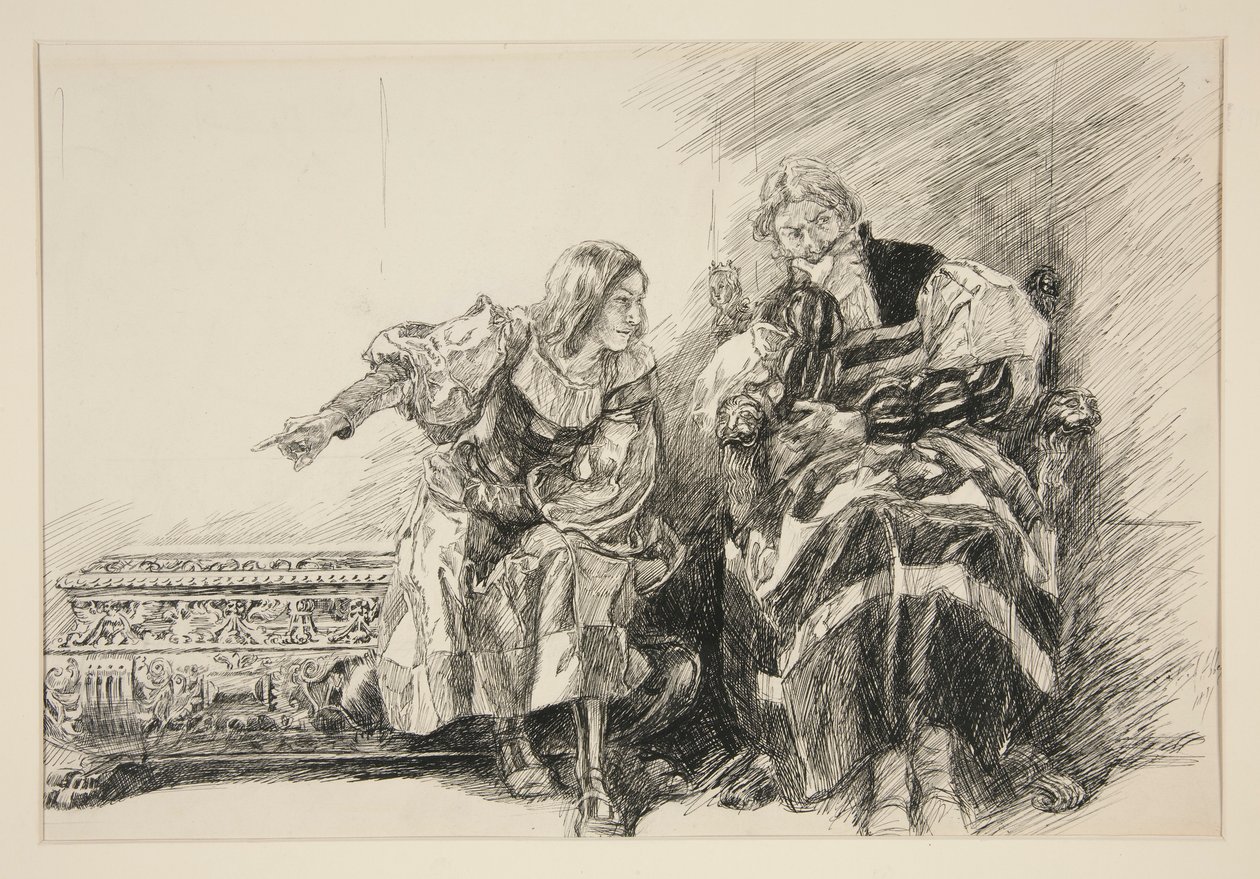 Proteus en de Hertog, uit Act III, Scene i, Twee Heren van Verona door Edwin Austin Abbey