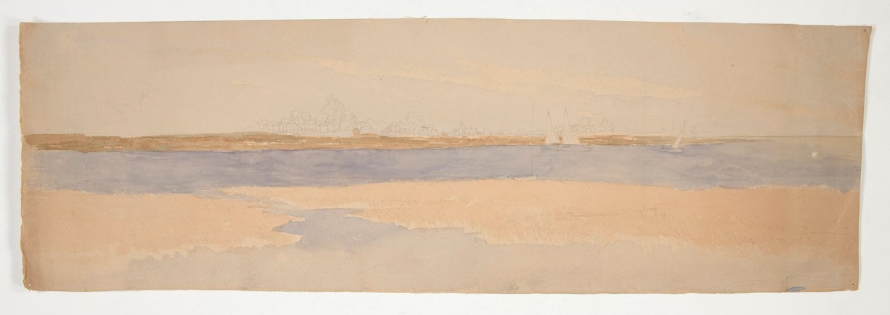 Rivierlandschap met stad aan de verre oever door Edwin Austin Abbey