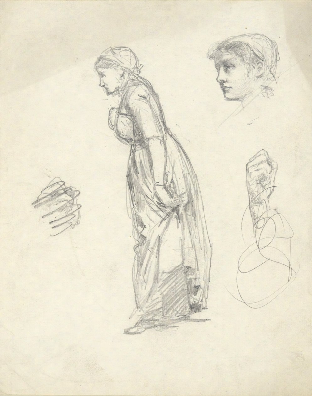 Blad met studies: vrouw, hoofd en handen door Edwin Austin Abbey