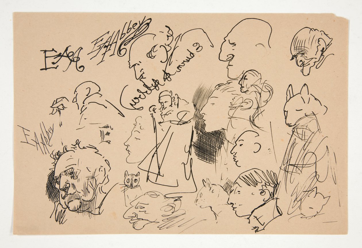 Blad met schetsen van hoofden door Edwin Austin Abbey