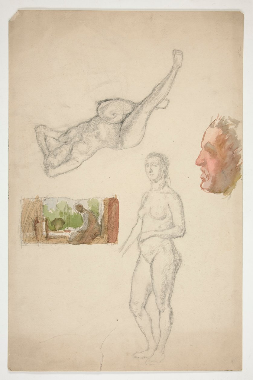 Blad met schetsen: twee naakte vrouwen, profiel van een man, figuur zittend in een interieur door Edwin Austin Abbey