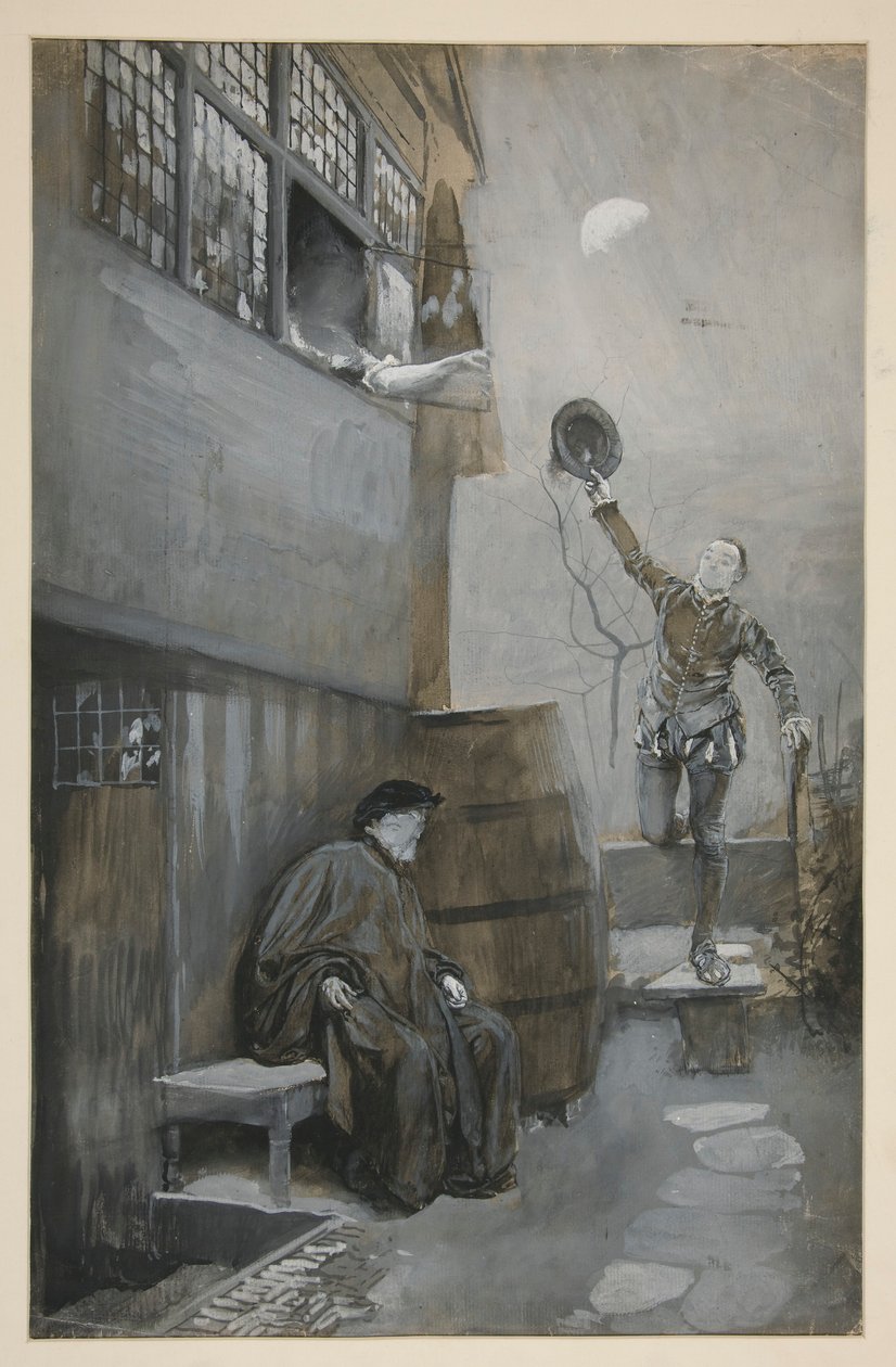 Schets voor nachtelijke ontmoeting - 3 figuren: twee mannen, één vrouw door Edwin Austin Abbey